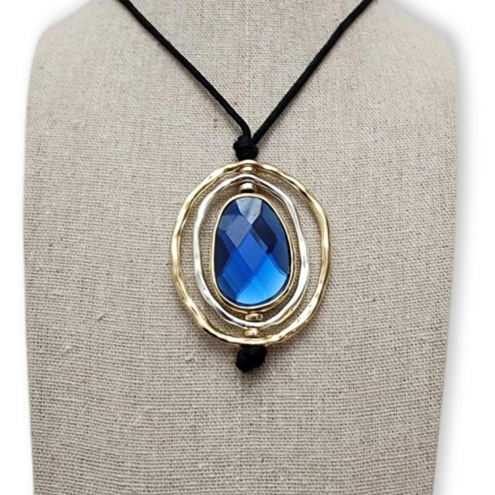 Gold/Silver and Blue Jewel Pendant with Matching Earrings